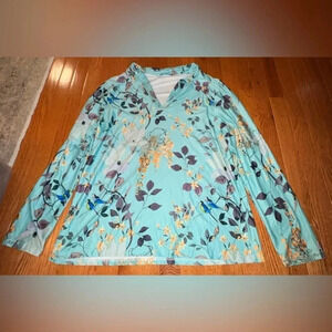 LOVEU DEAR women’s starchy floral bird‎ vneck long sleeve blouse light blue 1XL